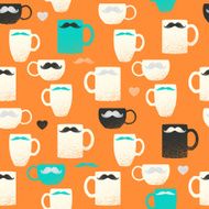 Seamless mustache &amp; mugs pattern Colorful cups on orange back