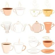 Collection of hand drawn teacups saucer and teapot with outline