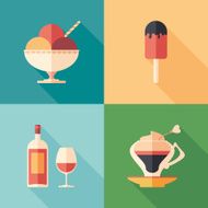 Set of desserts and drinks flat icons with long shadows