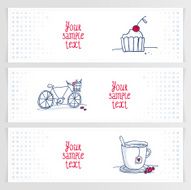 Set of doodle horizontal banners with cup bicycle and cupcake