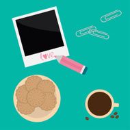 Instant photo paperclips pencil biscuit cookie cracker coffee