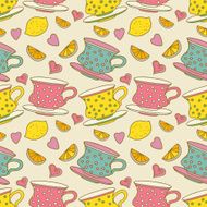 Vintage seamless pattern with cups lemons and hearts N2