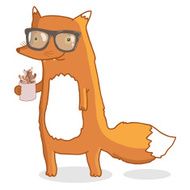 Cute cartoon hipster fox wearing glasses with coffee or tea