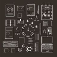 Office Supplies Collection Flat Lines Monochrome Illustration on Black N2