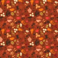 Seamless coffee pattern with latte cappuccino pies doughnuts N3