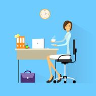 Business Woman Drink Coffee Sitting in Office Working Laptop Computer
