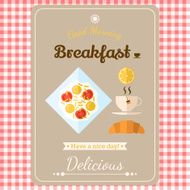 Illustration with labels breakfast of fried eggs tea and dessert