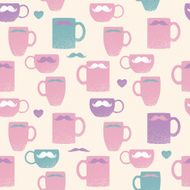 Seamless mustache &amp; mugs pattern Colorful cups on beige back