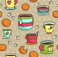 Hand-drawn seamless pattern with cups cookies and sugar