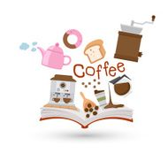 Open book and icons of coffee tea vector