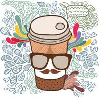 Cute cartoon doodle coffee cup Hipster glasses and mustache N2