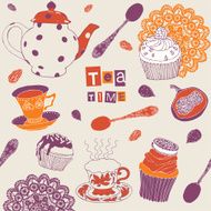 card with tea cups and cupcakes