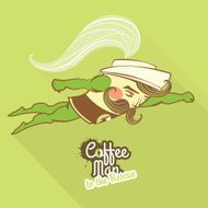 Coffee man character flying to the rescue