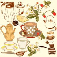 Collection of vector hand drawn tea and coffee accessories