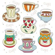 Cute cartoon vintage set of colored cups on white background