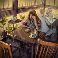 Young Woman at a Cafe Digital Illustration
