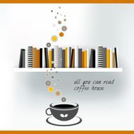 Web or print template of Coffee house with book shelf
