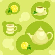 Seamless green pattern with teapot and cups