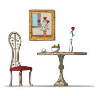 Vintage interior with table chare flowers and picture Vector illustration