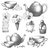 Vector set of vintage sweet cake candies and teapot N2