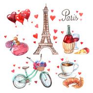 Paris symbols watercolor icons composition