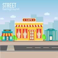 cafe building in city space with road on flat background