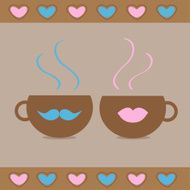 Two teacups with mustache lips and hearts Love card