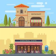 Landscape with buildings restaurant and cafe