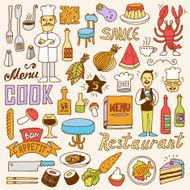 Restaurant colorful doodle set 2 Hand drawn Vector illustration