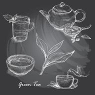 Hand drawn sketch vector tea set on blackboard