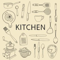 Vector hand drawn kitchen equipment and tableware