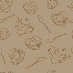 Beige Lineart Teapot Teacup on Saucer and Spoons Seamless Pattern