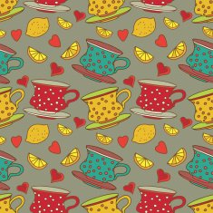 Vintage seamless pattern with cups lemons and hearts