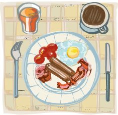 Fried Breakfast on Table with Coffee and Orange Juice