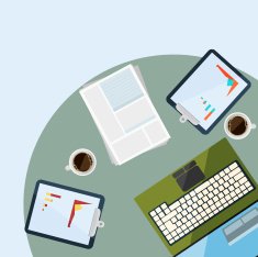 Workplace with electronic devices and chancellery in flat design
