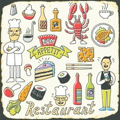 Restaurant vintage colorful doodle set on card 2 Hand drawn