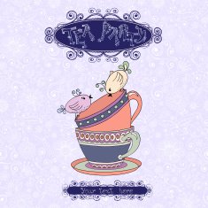 Tea party invitation card with cups and birds