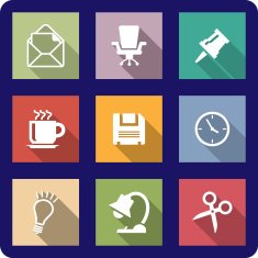 Office icons on coloured backgrounds