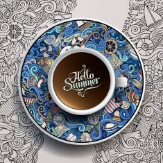 Cup of coffee marine doodles on a saucer and background