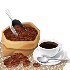 Background with cup and bag of coffee beans