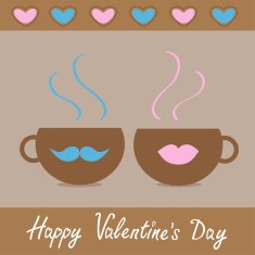 Two teacups with mustache lips and hearts Happy Valentines