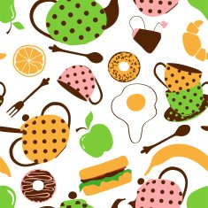 Seamless pattern of tea set and breakfast food