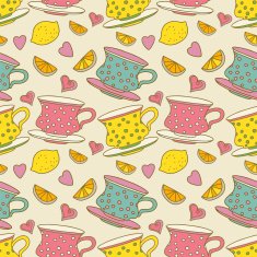 Vintage seamless pattern with cups lemons and hearts N2