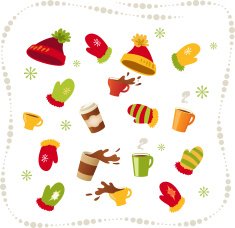 Vector set winter clothing and drinks