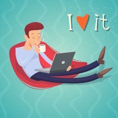 Cartoon Vintage Geek Eager Beaver Symbol Man with Laptop Drinks