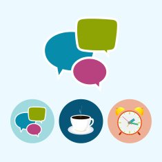 Set icons with speech bubble cup of tea alarm clock N3