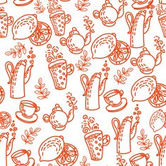 Red Seamless Pattern with Tea Cups