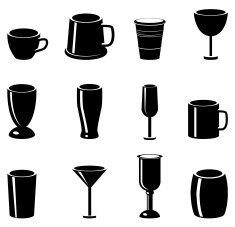 Mugs glass cups and chalis vector icons