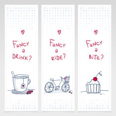 Set of doodle vertical banners with cup bicycle and cupcake