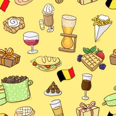 Hand drawn seamless pattern belgian traditional food and beer